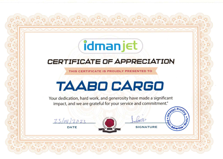 Taabo Cargo certification document