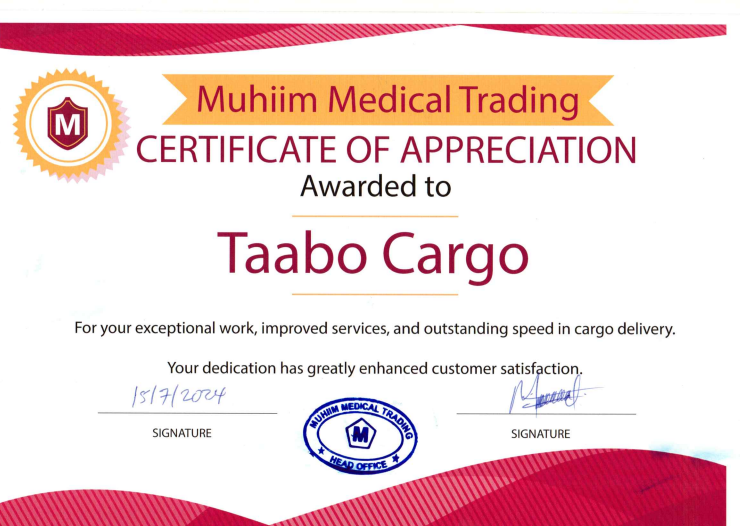 Taabo Cargo certification document